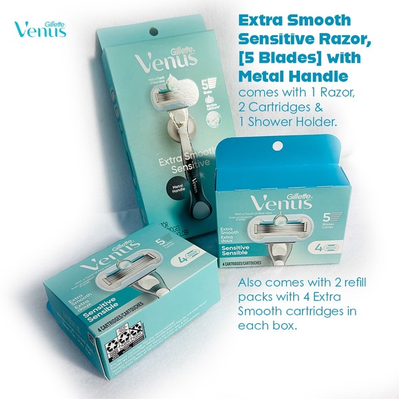 Gillette Venus Extra Smooth Sensitive Razor with Metal Handle + 10 Cartridges - Picture 1 of 9